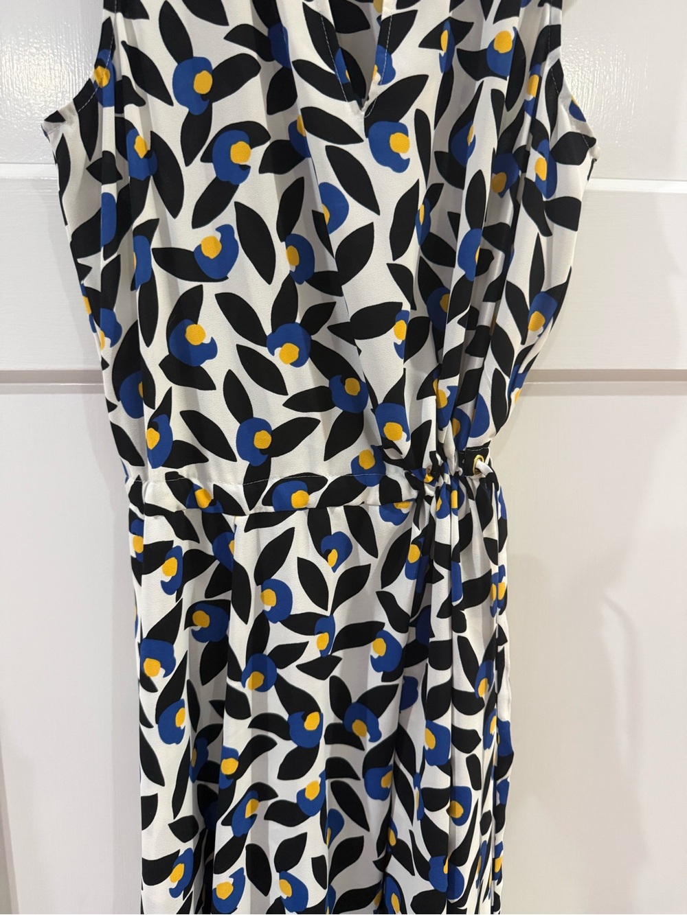 Anne Klein Sleeveless Wrap Midi Dress in White, Black & Blue with Yellow Accents - Picture 2 of 5